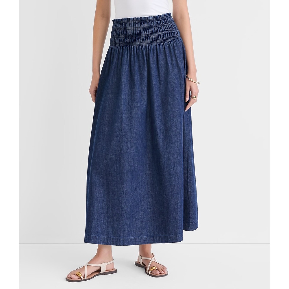 Loft Womens Smocked Waist Denim Maxi Skirt Dark Wash Blue Boho Long Skirt